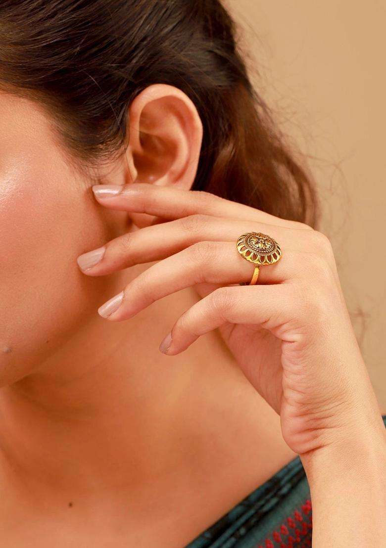 Gold-Plated Temple Finger Ring for Women | Traditional Temple Jewellery for Wedding & Festive Wear | Gift for Her - Indya