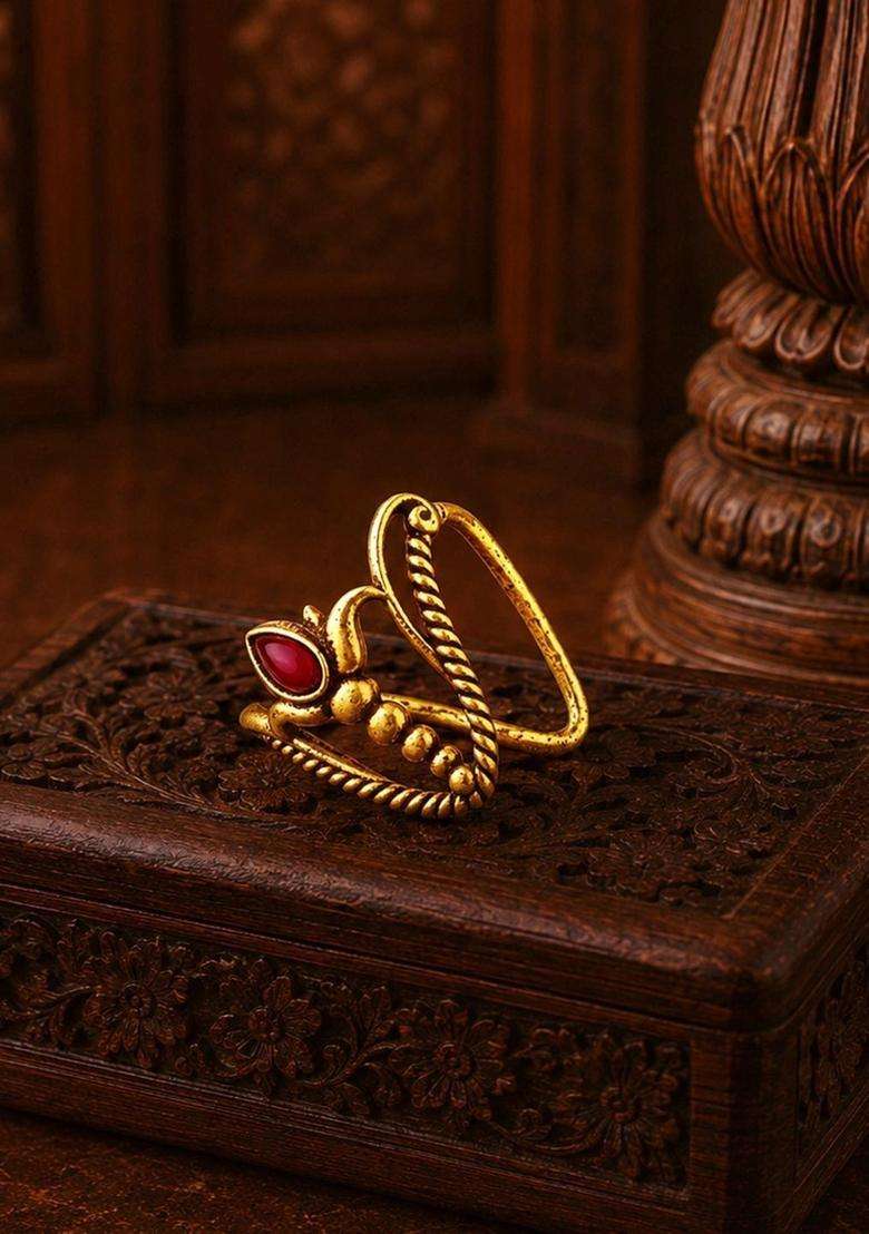 Gold-Plated Temple Cubic Zirconia Finger Ring for Women | Traditional Temple Jewellery for Wedding & Festive Wear | Gift for Her - Indya