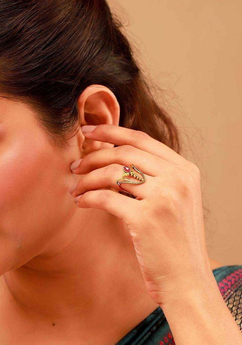 Gold-Plated Temple Cubic Zirconia Finger Ring for Women | Traditional Temple Jewellery for Wedding & Festive Wear | Gift for Her - Indya