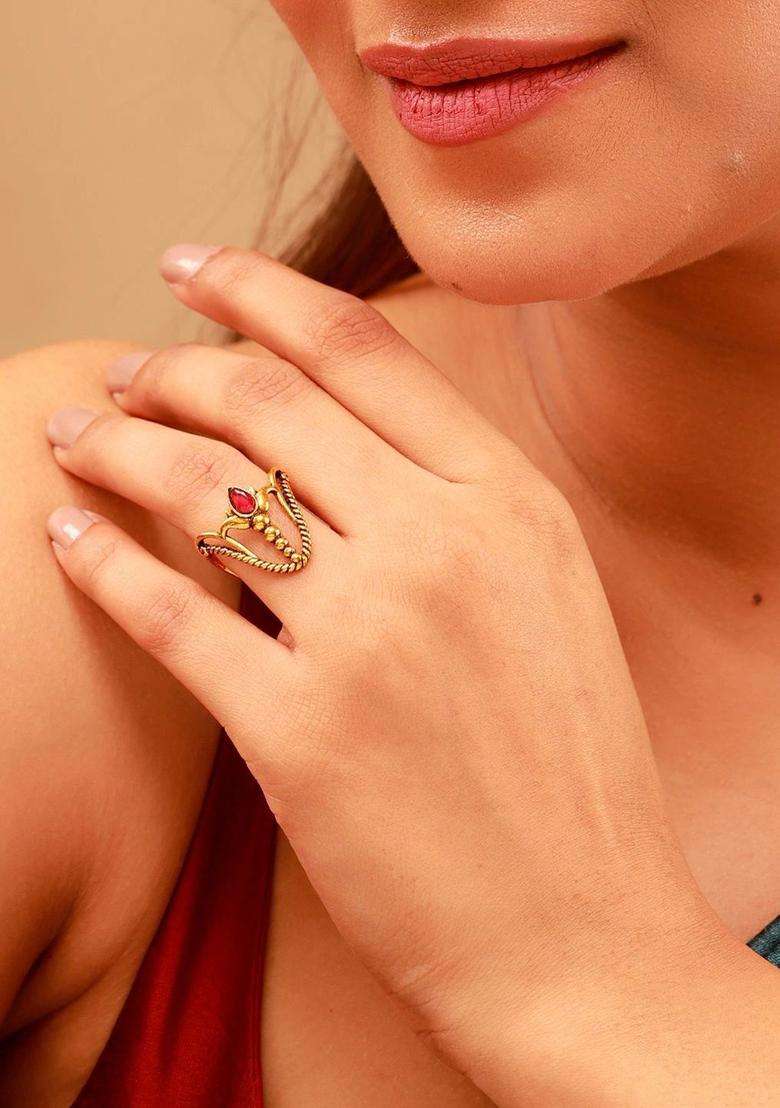 Gold-Plated Temple Cubic Zirconia Finger Ring for Women | Traditional Temple Jewellery for Wedding & Festive Wear | Gift for Her - Indya
