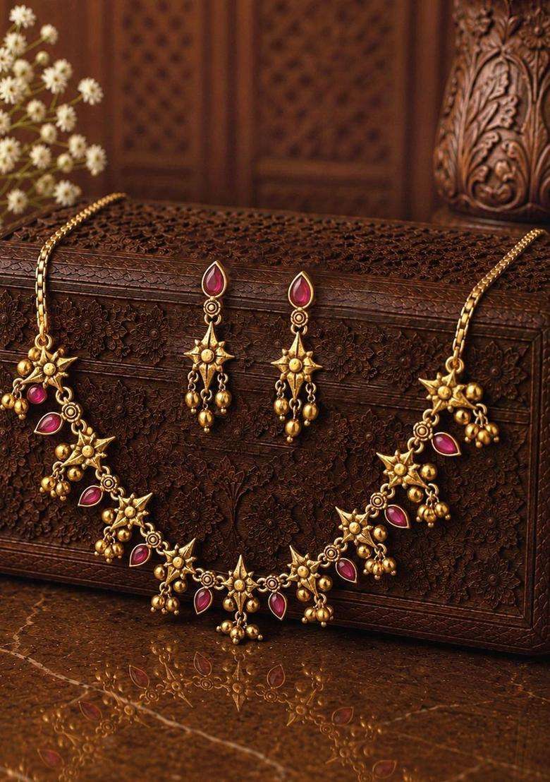 Gold-Plated Temple Cubic Zirconia Necklace and Earrings for Women | Traditional Temple Jewellery for Wedding & Festive Wear | Gift for Her - Indya