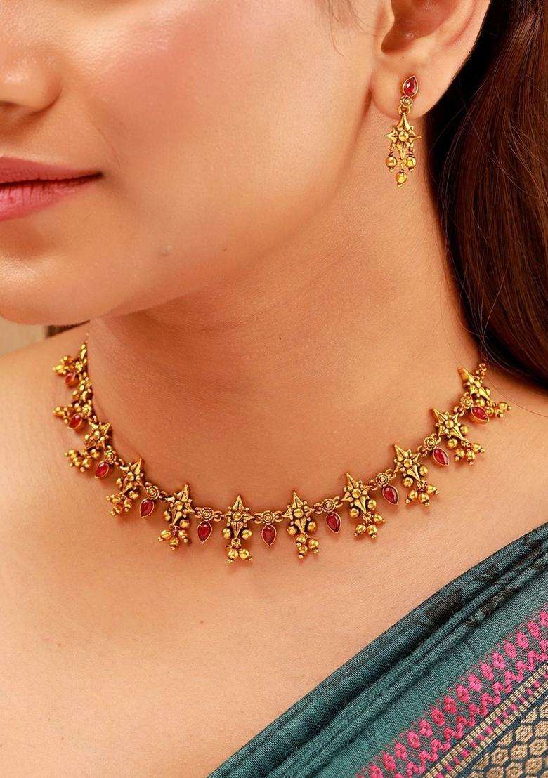 Gold-Plated Temple Cubic Zirconia Necklace and Earrings for Women | Traditional Temple Jewellery for Wedding & Festive Wear | Gift for Her - Indya