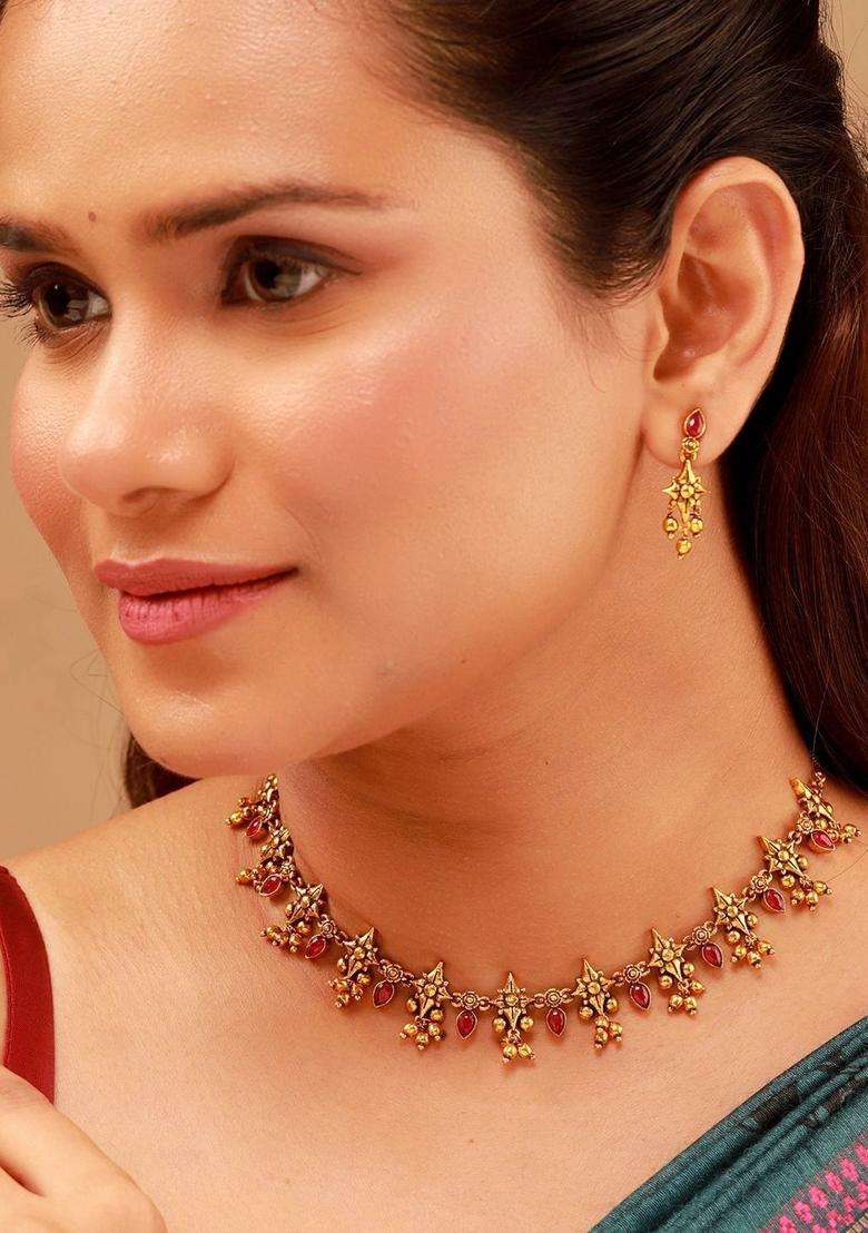 Gold-Plated Temple Cubic Zirconia Necklace and Earrings for Women | Traditional Temple Jewellery for Wedding & Festive Wear | Gift for Her - Indya