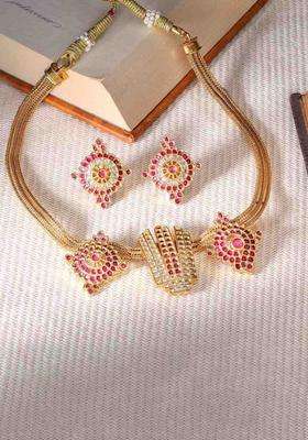 Brass Plated Stone-Studded Jewellery Set for Women | Traditional Temple Jewellery for Wedding & Festive Wear | Gift for Her