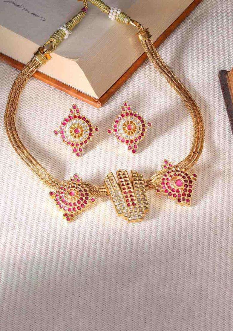 Brass Plated Stone-Studded Jewellery Set for Women | Traditional Temple Jewellery for Wedding & Festive Wear | Gift for Her - Indya
