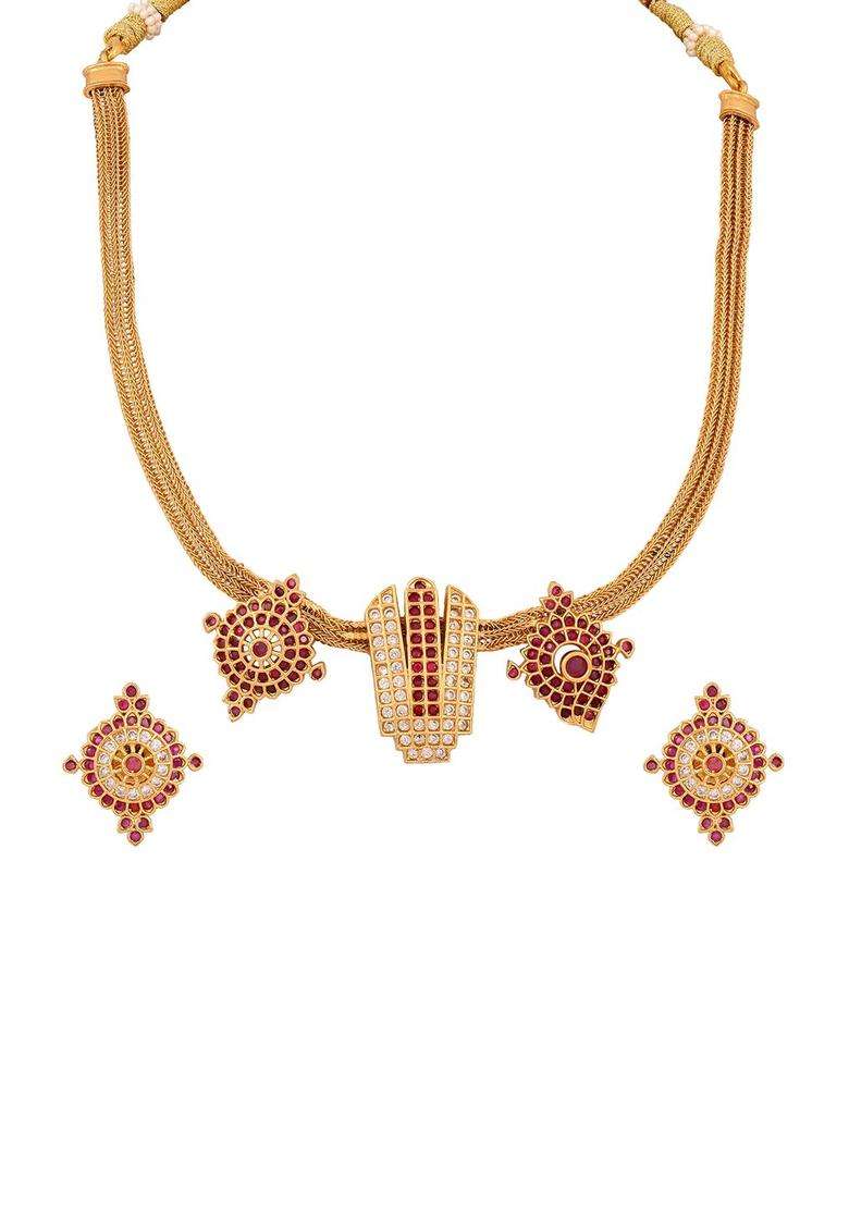 Brass Plated Stone-Studded Jewellery Set for Women | Traditional Temple Jewellery for Wedding & Festive Wear | Gift for Her - Indya