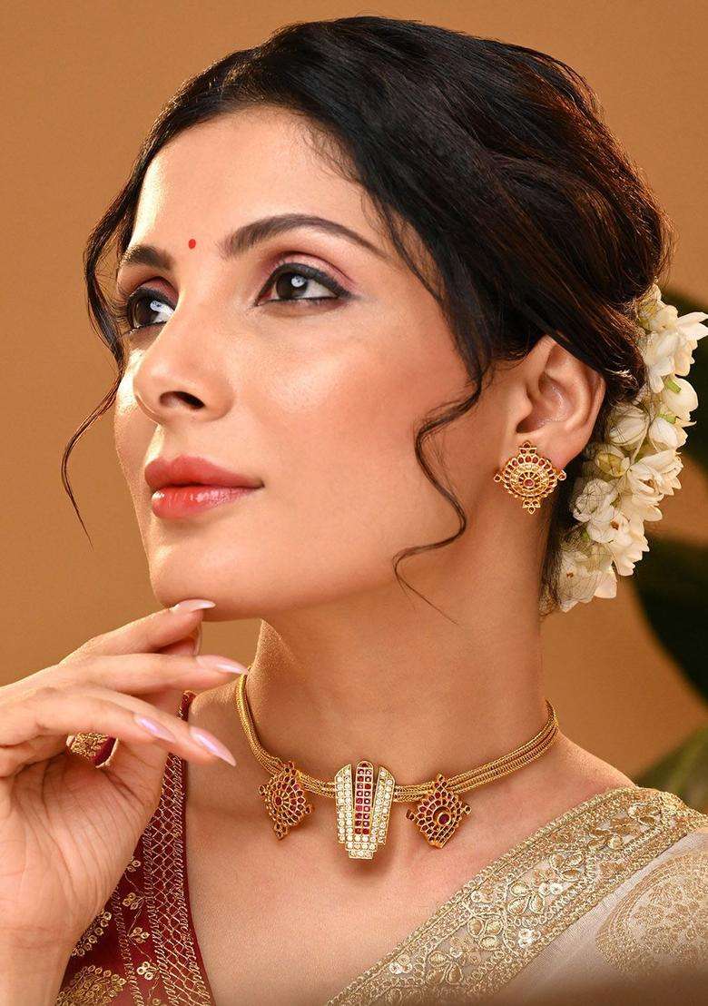 Brass Plated Stone-Studded Jewellery Set for Women | Traditional Temple Jewellery for Wedding & Festive Wear | Gift for Her - Indya