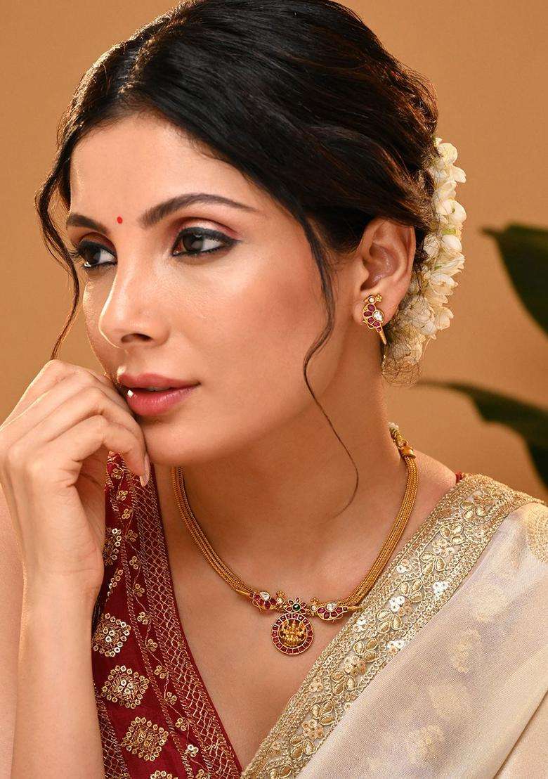 Stone Studded Brass Plated Temple Jewellery Set for Women | Traditional Temple Jewellery for Wedding & Festive Wear | Gift for Her - Indya