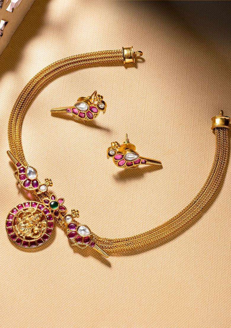 Stone Studded Brass Plated Temple Jewellery Set for Women | Traditional Temple Jewellery for Wedding & Festive Wear | Gift for Her - Indya