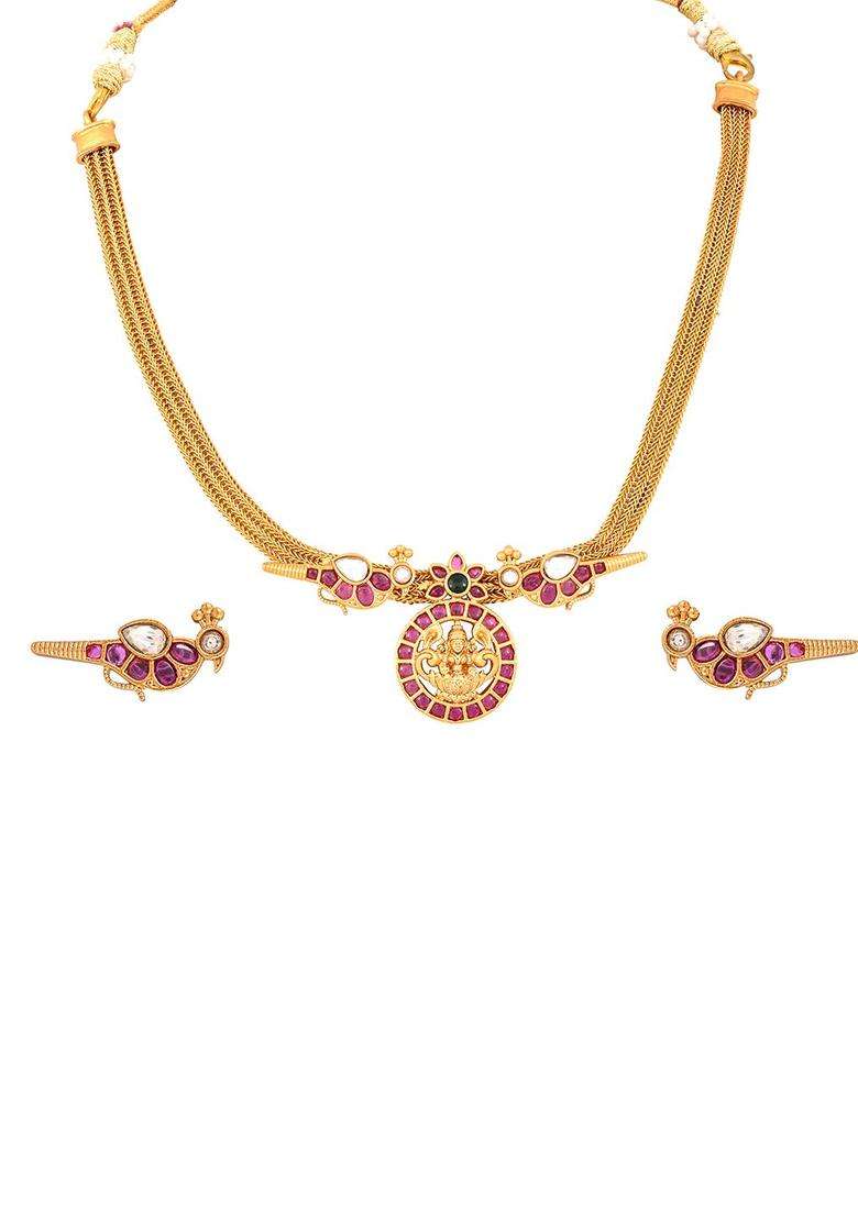 Stone Studded Brass Plated Temple Jewellery Set for Women | Traditional Temple Jewellery for Wedding & Festive Wear | Gift for Her - Indya