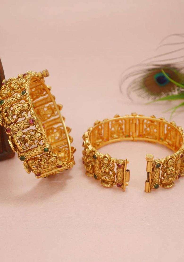 Set of 2 Gold-Plated Temple Stone Studded & Beaded Bangles for Women | Traditional Temple Jewellery for Wedding & Festive Wear | Gift for Her - Indya