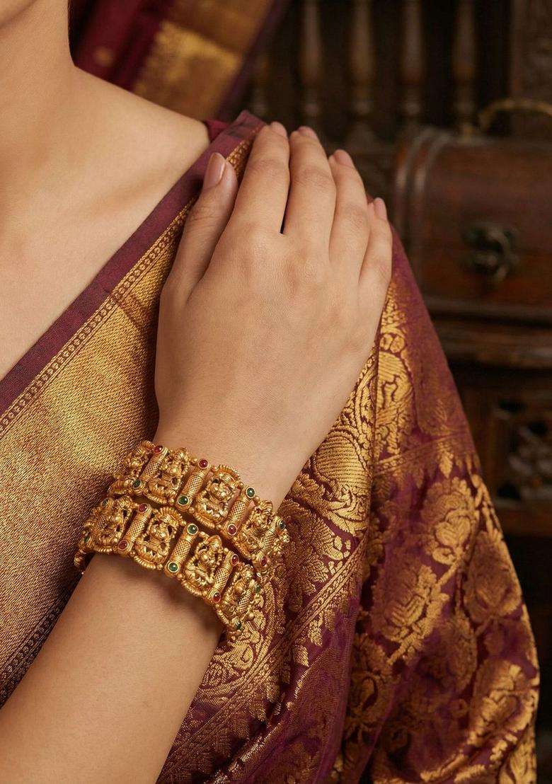 Set of 2 Gold-Plated Temple Stone Studded & Beaded Bangles for Women | Traditional Temple Jewellery for Wedding & Festive Wear | Gift for Her - Indya