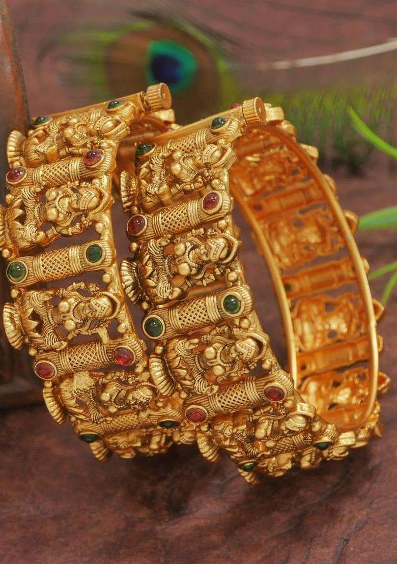 Set of 2 Gold-Plated Temple Stone Studded & Beaded Bangles for Women | Traditional Temple Jewellery for Wedding & Festive Wear | Gift for Her - Indya