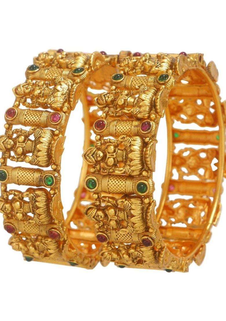 Set of 2 Gold-Plated Temple Stone Studded & Beaded Bangles for Women | Traditional Temple Jewellery for Wedding & Festive Wear | Gift for Her - Indya