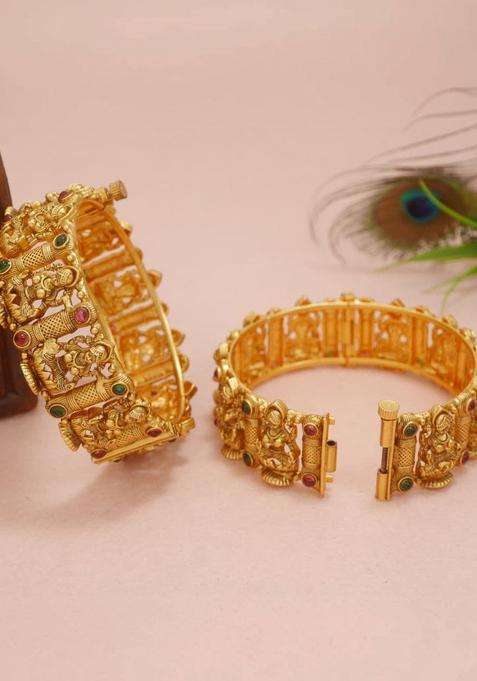 Set of 2 Gold-Plated Temple Stone Studded & Beaded Bangles for Women | Traditional Temple Jewellery for Wedding & Festive Wear | Gift for Her