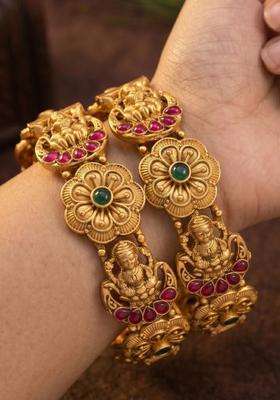 Set of 2 Gold-Plated Temple Stone Studded & Beaded Bangles for Women | Traditional Temple Jewellery for Wedding & Festive Wear | Gift for Her