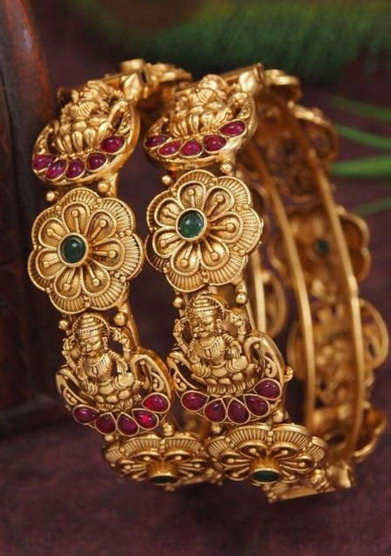 Set of 2 Gold-Plated Temple Stone Studded & Beaded Bangles for Women | Traditional Temple Jewellery for Wedding & Festive Wear | Gift for Her - Indya
