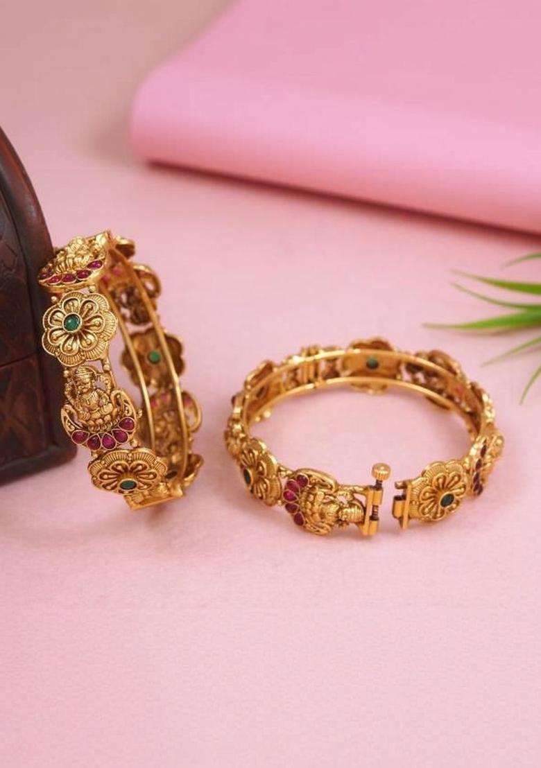Set of 2 Gold-Plated Temple Stone Studded & Beaded Bangles for Women | Traditional Temple Jewellery for Wedding & Festive Wear | Gift for Her - Indya