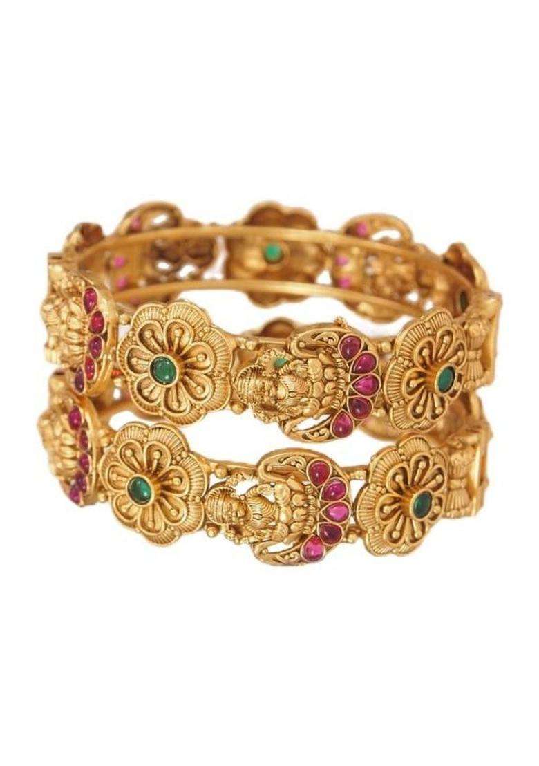 Set of 2 Gold-Plated Temple Stone Studded & Beaded Bangles for Women | Traditional Temple Jewellery for Wedding & Festive Wear | Gift for Her - Indya