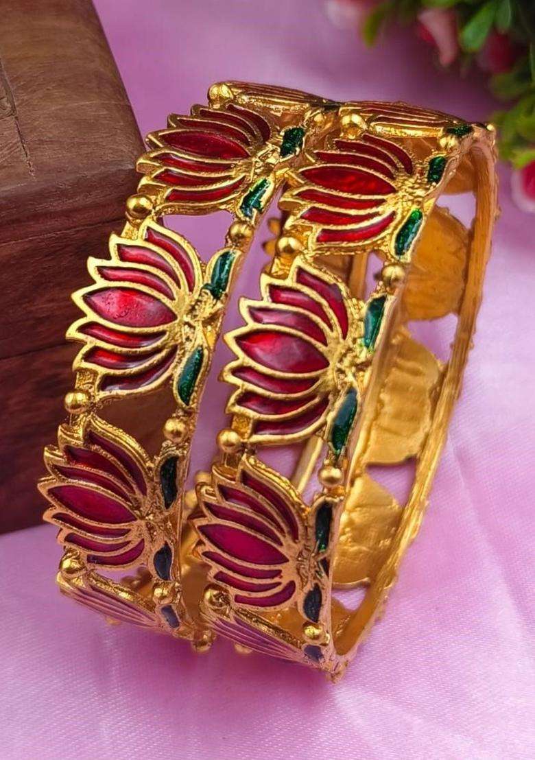 Set of 2 Gold-Plated Laxmi Temple Meenakari Bangles for Women | Traditional Temple Jewellery for Wedding & Festive Wear | Gift for Her - Indya