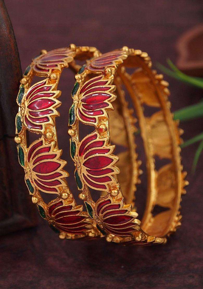 Set of 2 Gold-Plated Laxmi Temple Meenakari Bangles for Women | Traditional Temple Jewellery for Wedding & Festive Wear | Gift for Her - Indya