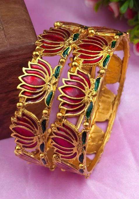 Set of 2 Gold-Plated Laxmi Temple Meenakari Bangles for Women | Traditional Temple Jewellery for Wedding & Festive Wear | Gift for Her