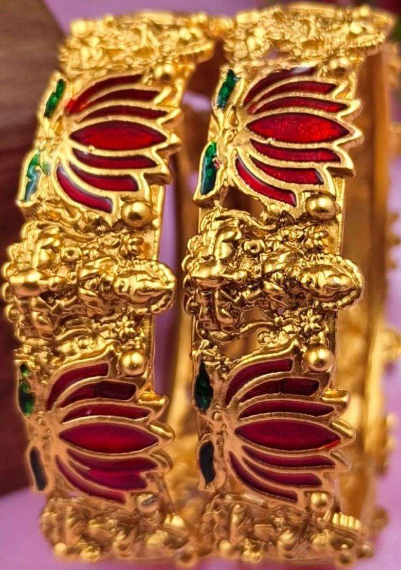 Set of 2 Gold-Plated Laxmi Temple Meenakari Bangles for Women | Traditional Temple Jewellery for Wedding & Festive Wear | Gift for Her - Indya