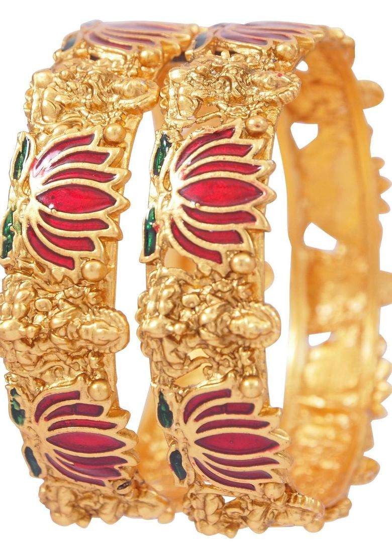Set of 2 Gold-Plated Laxmi Temple Meenakari Bangles for Women | Traditional Temple Jewellery for Wedding & Festive Wear | Gift for Her - Indya