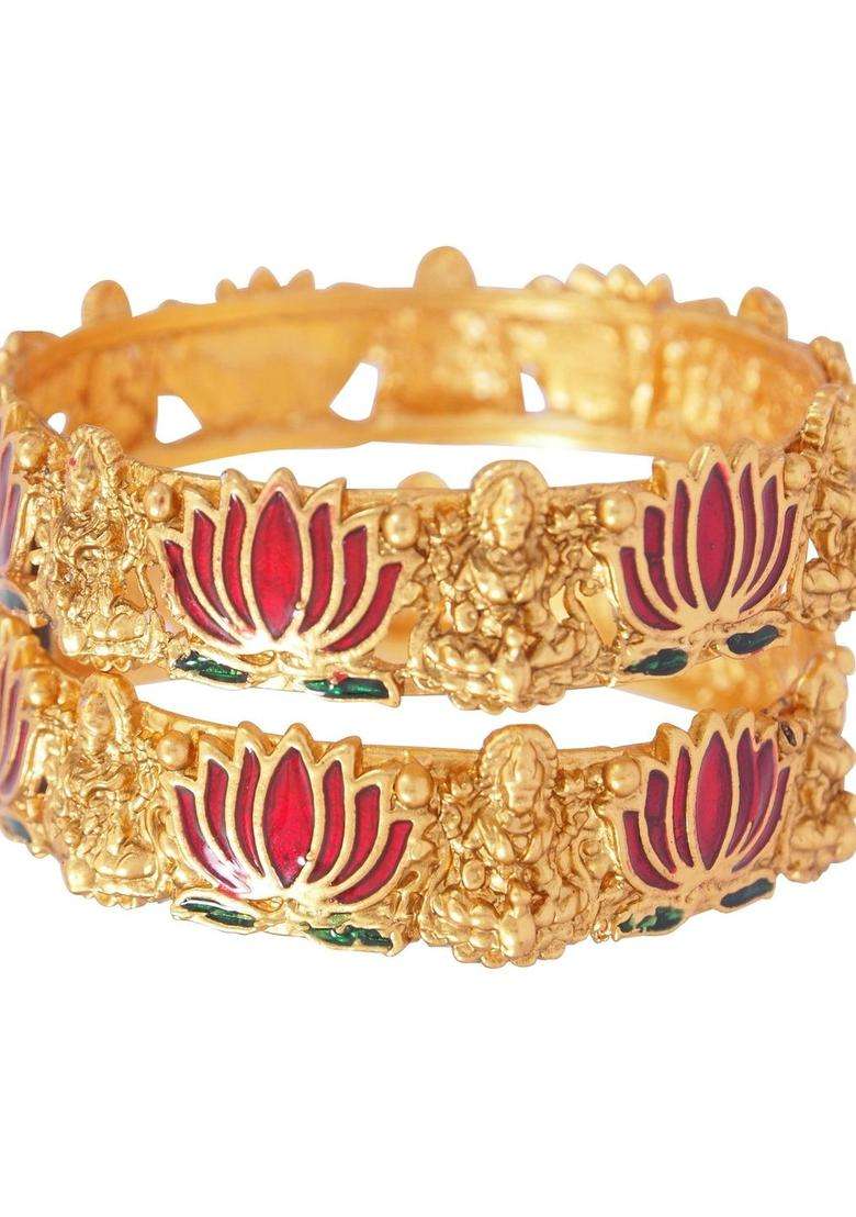 Set of 2 Gold-Plated Laxmi Temple Meenakari Bangles for Women | Traditional Temple Jewellery for Wedding & Festive Wear | Gift for Her - Indya