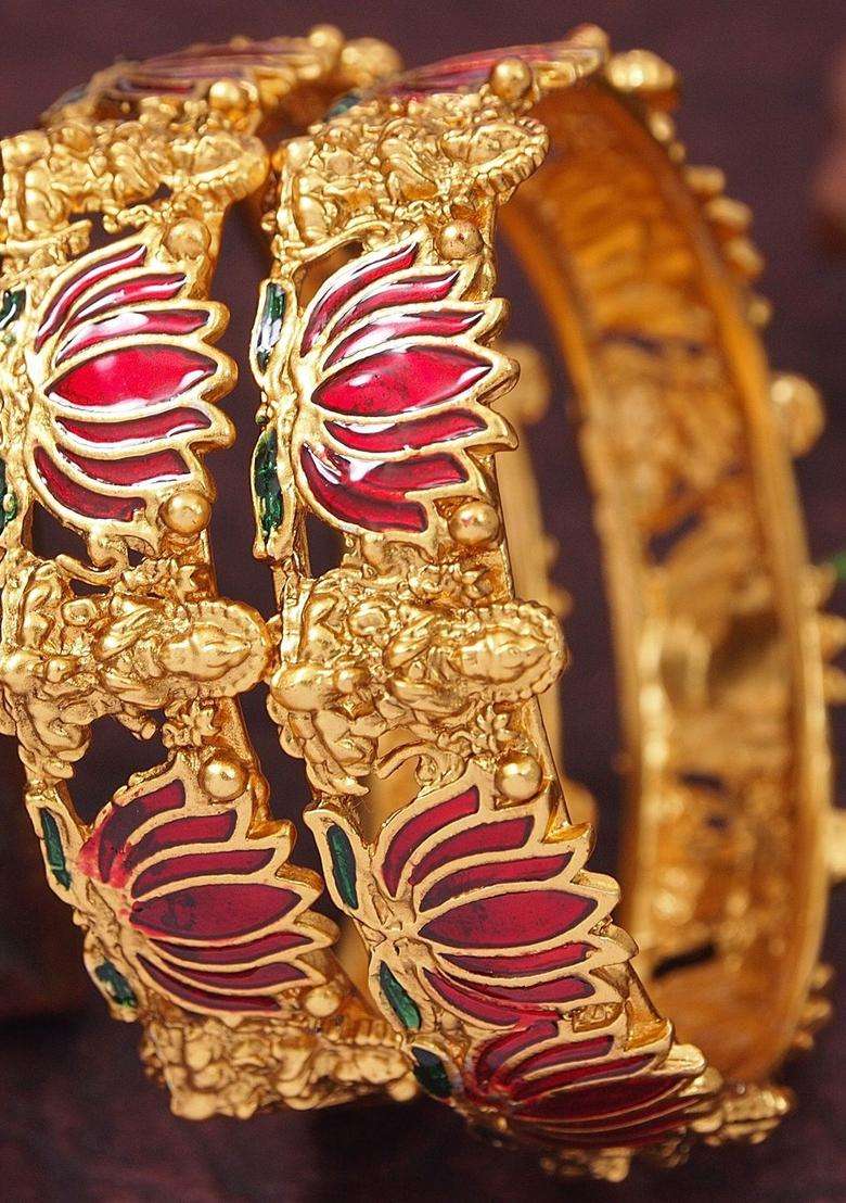 Set of 2 Gold-Plated Laxmi Temple Meenakari Bangles for Women | Traditional Temple Jewellery for Wedding & Festive Wear | Gift for Her - Indya