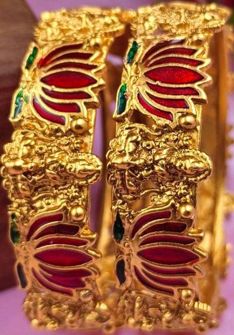 Set of 2 Gold-Plated Laxmi Temple Meenakari Bangles for Women | Traditional Temple Jewellery for Wedding & Festive Wear | Gift for Her