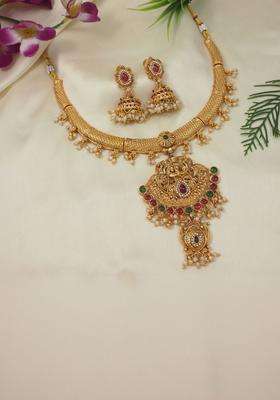Gold-Plated Pearls Bedded Necklace and Earrings for Women | Traditional Temple Jewellery for Wedding & Festive Wear | Gift for Her