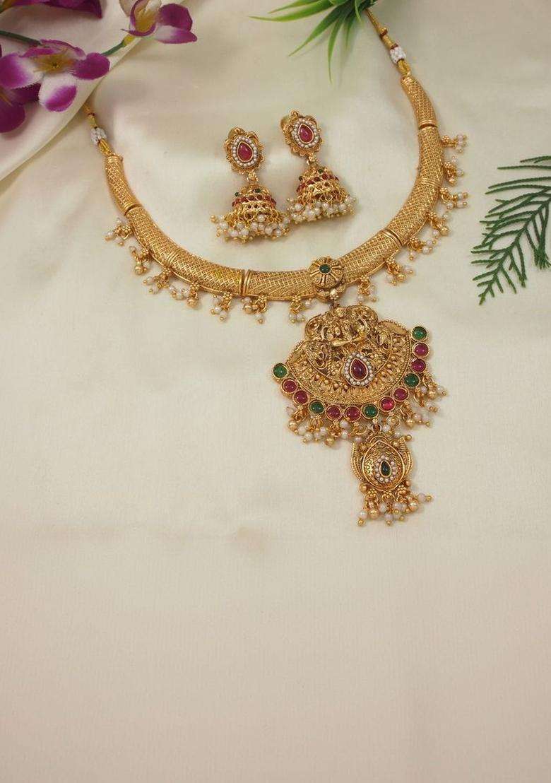 Gold-Plated Pearls Bedded Necklace and Earrings for Women | Traditional Temple Jewellery for Wedding & Festive Wear | Gift for Her - Indya