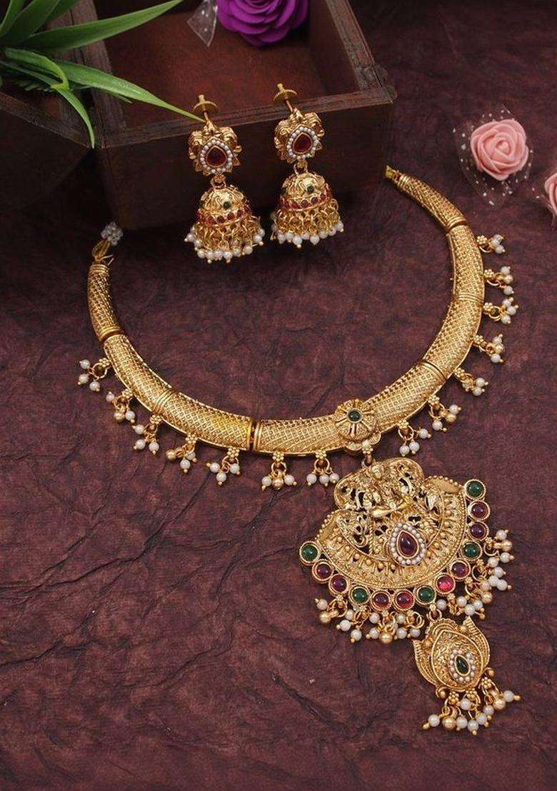 Gold-Plated Pearls Bedded Necklace and Earrings for Women | Traditional Temple Jewellery for Wedding & Festive Wear | Gift for Her - Indya