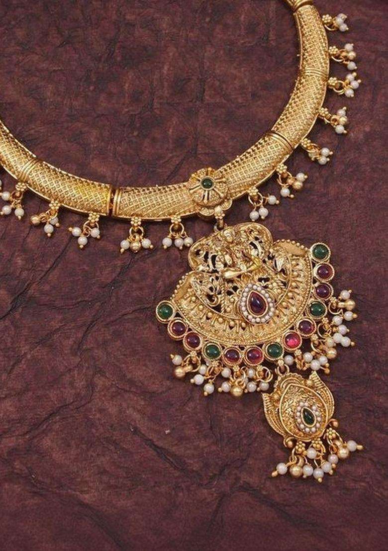 Gold-Plated Pearls Bedded Necklace and Earrings for Women | Traditional Temple Jewellery for Wedding & Festive Wear | Gift for Her - Indya
