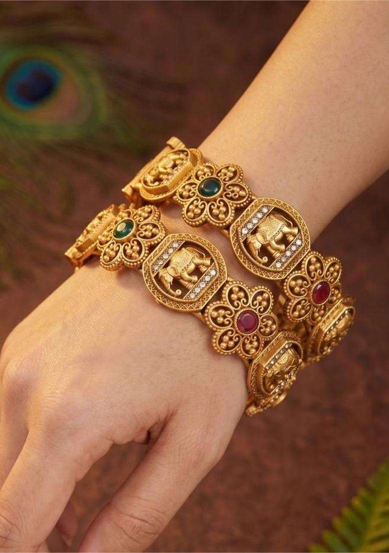 Set of 2 Gold-Plated Temple Stone Studded & Beaded Bangles for Women | Traditional Temple Jewellery for Wedding & Festive Wear | Gift for Her - Indya