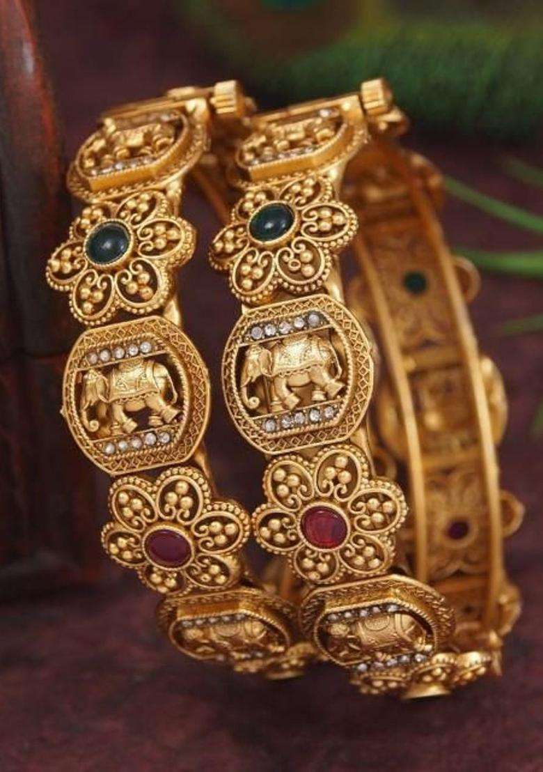 Set of 2 Gold-Plated Temple Stone Studded & Beaded Bangles for Women | Traditional Temple Jewellery for Wedding & Festive Wear | Gift for Her - Indya