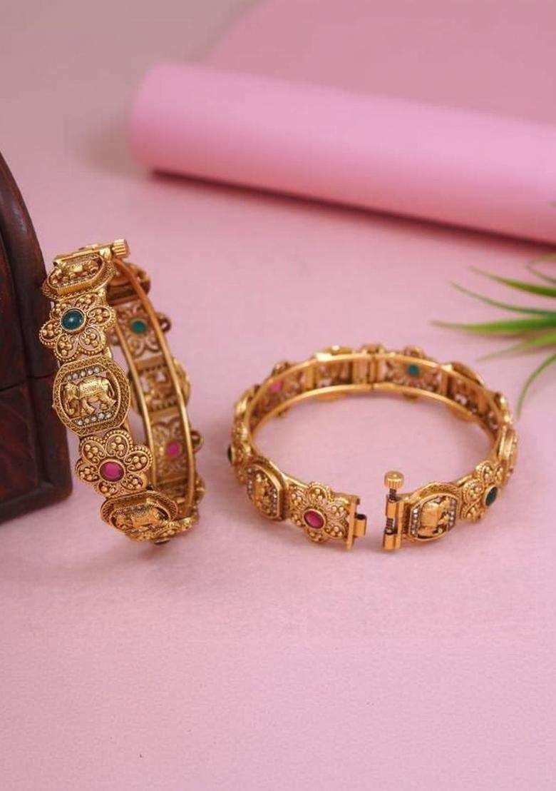 Set of 2 Gold-Plated Temple Stone Studded & Beaded Bangles for Women | Traditional Temple Jewellery for Wedding & Festive Wear | Gift for Her - Indya