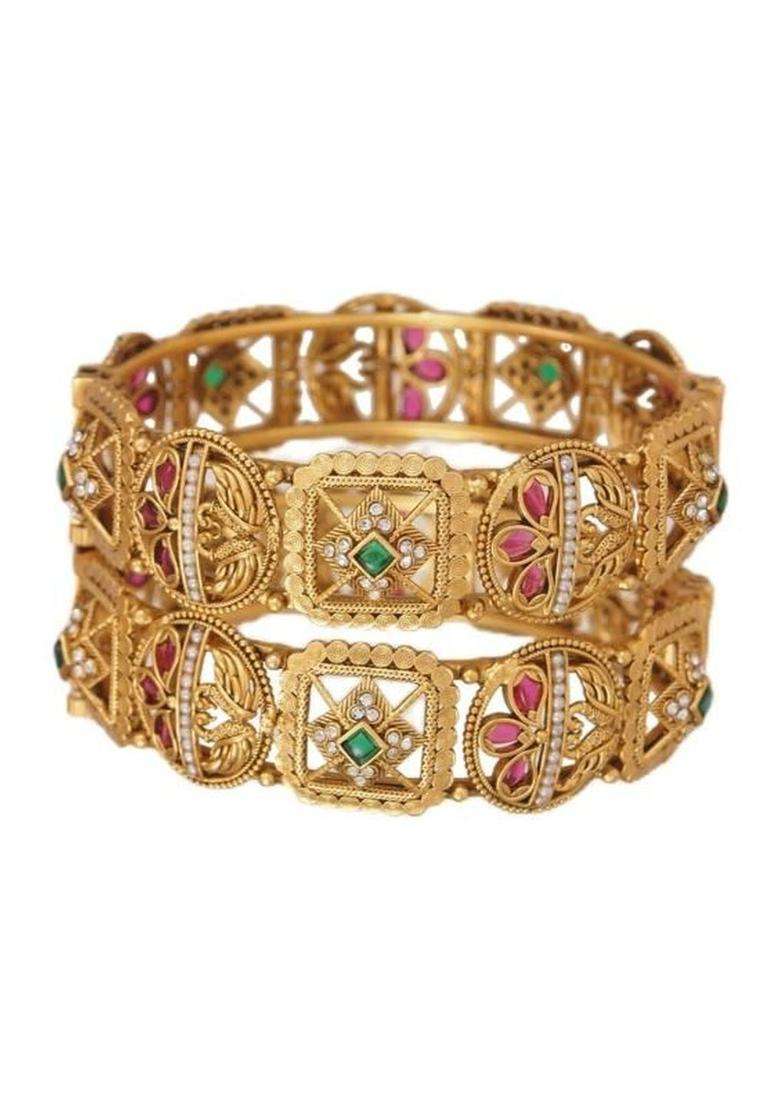 Set of 2 Gold-Plated Temple Stone Studded & Beaded Bangles for Women | Traditional Temple Jewellery for Wedding & Festive Wear | Gift for Her - Indya