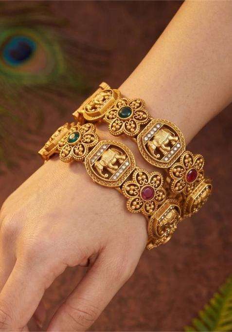 Set of 2 Gold-Plated Temple Stone Studded & Beaded Bangles for Women | Traditional Temple Jewellery for Wedding & Festive Wear | Gift for Her