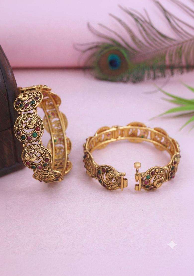 Set of 2 Gold-Plated Temple Stone Studded & Beaded Bangles for Women | Traditional Temple Jewellery for Wedding & Festive Wear | Gift for Her - Indya