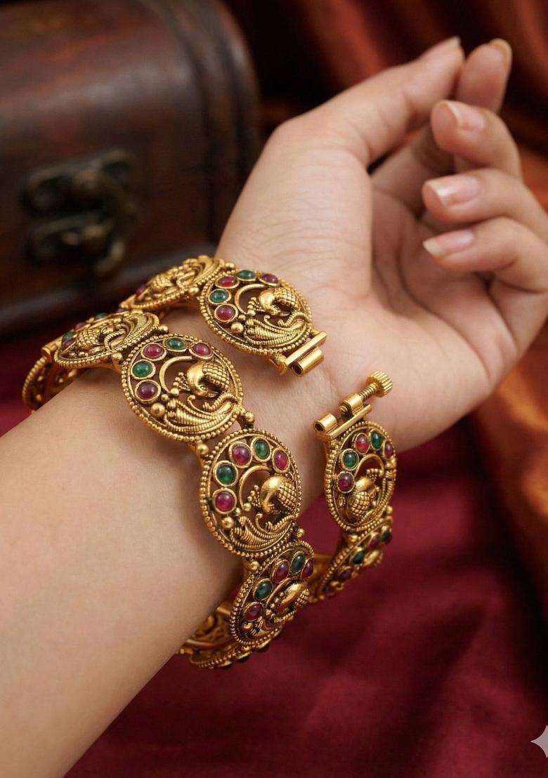 Set of 2 Gold-Plated Temple Stone Studded & Beaded Bangles for Women | Traditional Temple Jewellery for Wedding & Festive Wear | Gift for Her - Indya