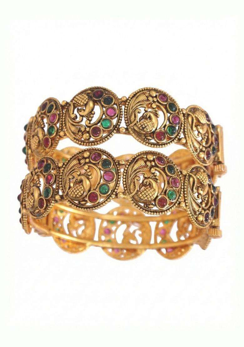 Set of 2 Gold-Plated Temple Stone Studded & Beaded Bangles for Women | Traditional Temple Jewellery for Wedding & Festive Wear | Gift for Her - Indya