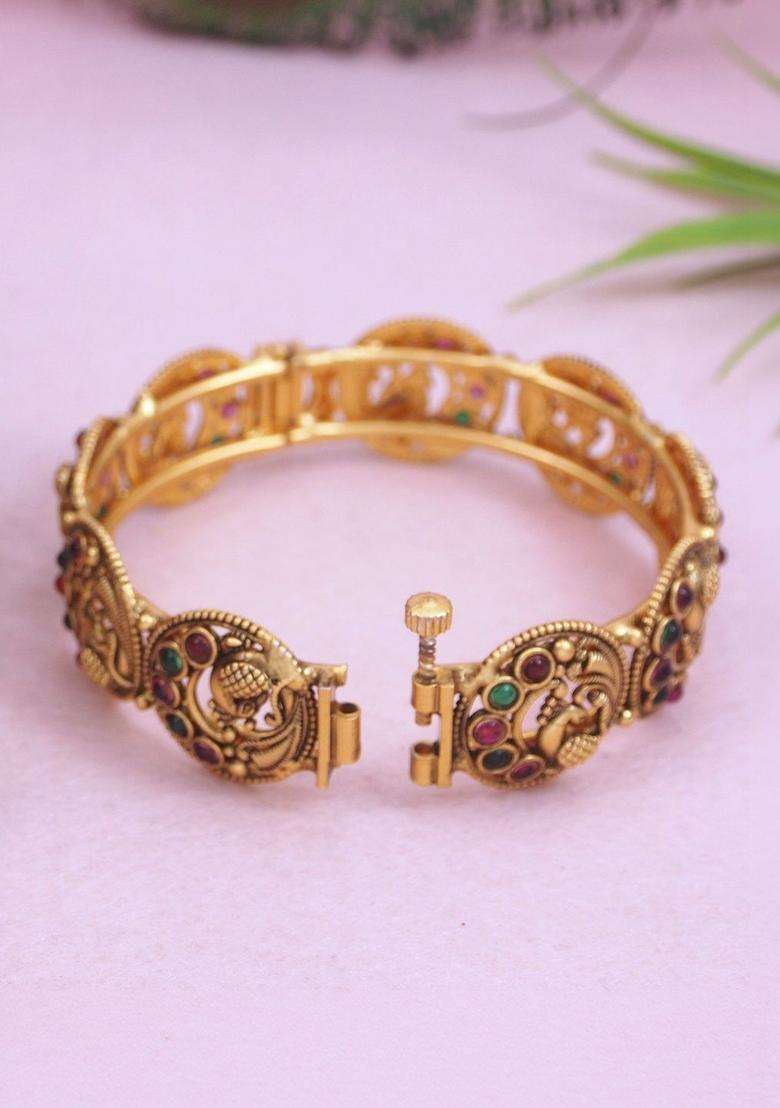 Set of 2 Gold-Plated Temple Stone Studded & Beaded Bangles for Women | Traditional Temple Jewellery for Wedding & Festive Wear | Gift for Her - Indya
