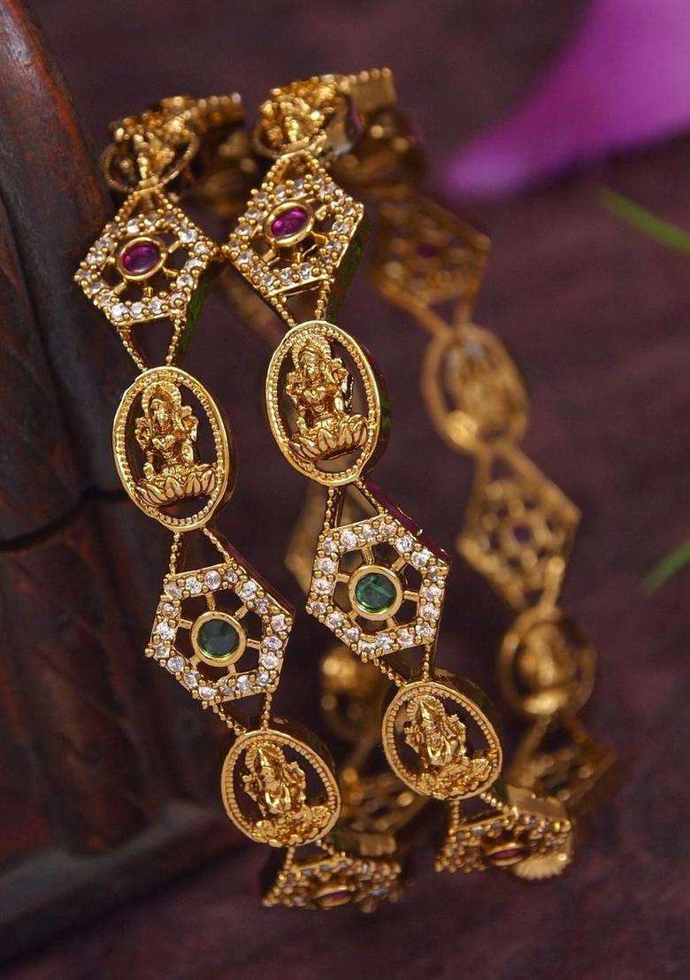 Gold-Plated Temple American Diamond Bangle for Women | Traditional Temple Jewellery for Wedding & Festive Wear | Gift for Her - Indya