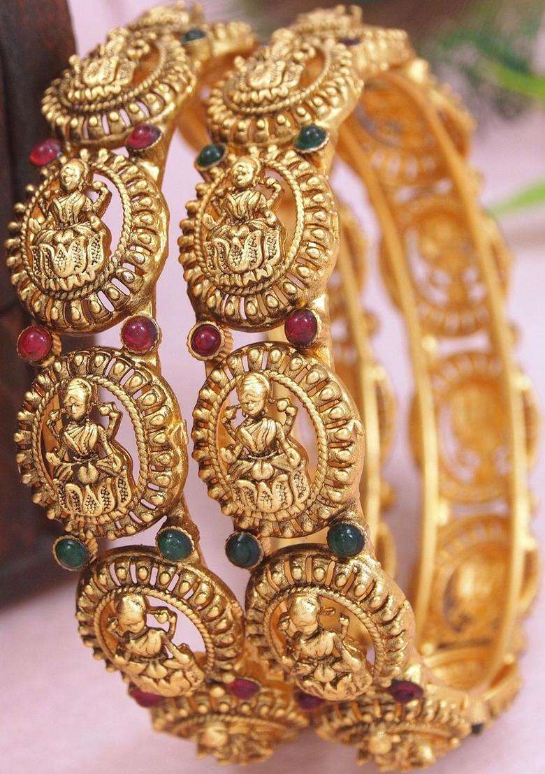 Set of 2 Gold-Plated Artificial Stones Studded Temple Bangles for Women | Traditional Temple Jewellery for Wedding & Festive Wear | Gift for Her - Indya