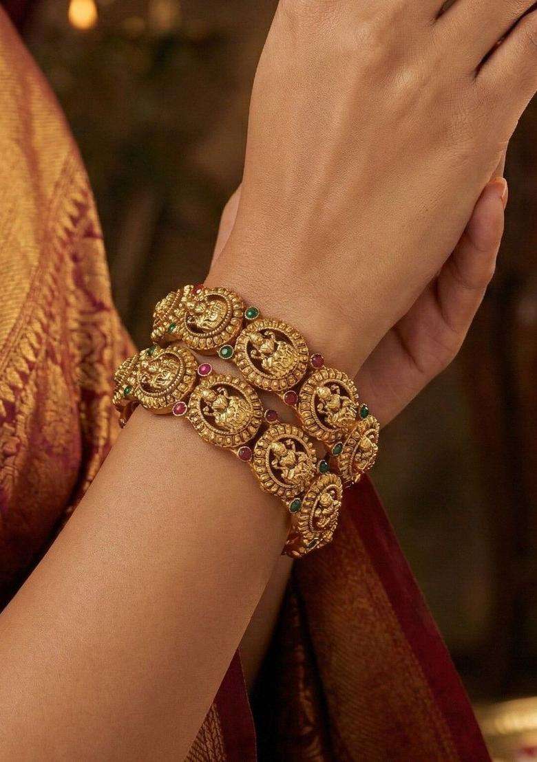Set of 2 Gold-Plated Artificial Stones Studded Temple Bangles for Women | Traditional Temple Jewellery for Wedding & Festive Wear | Gift for Her - Indya
