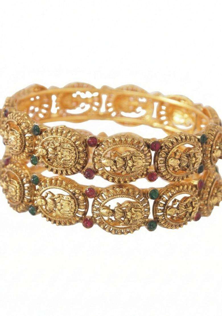 Set of 2 Gold-Plated Artificial Stones Studded Temple Bangles for Women | Traditional Temple Jewellery for Wedding & Festive Wear | Gift for Her - Indya
