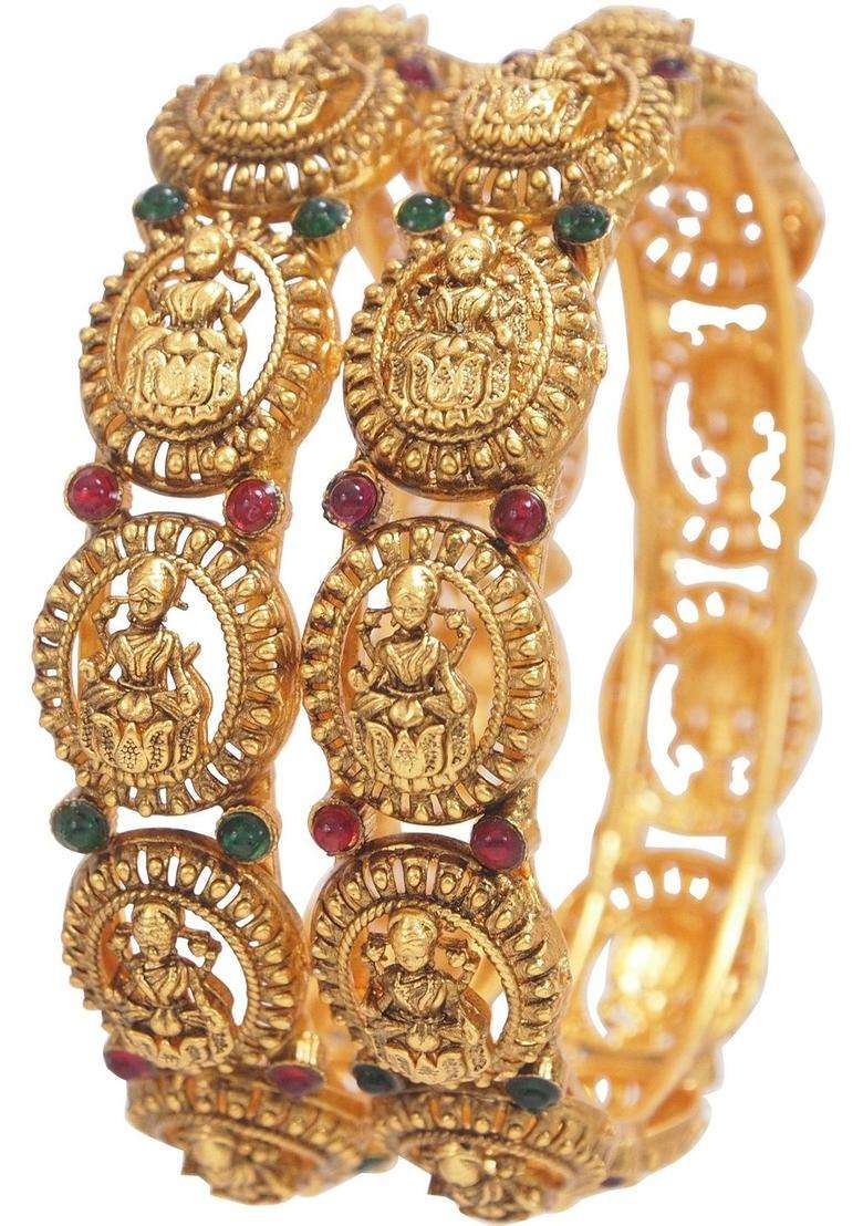 Set of 2 Gold-Plated Artificial Stones Studded Temple Bangles for Women | Traditional Temple Jewellery for Wedding & Festive Wear | Gift for Her - Indya