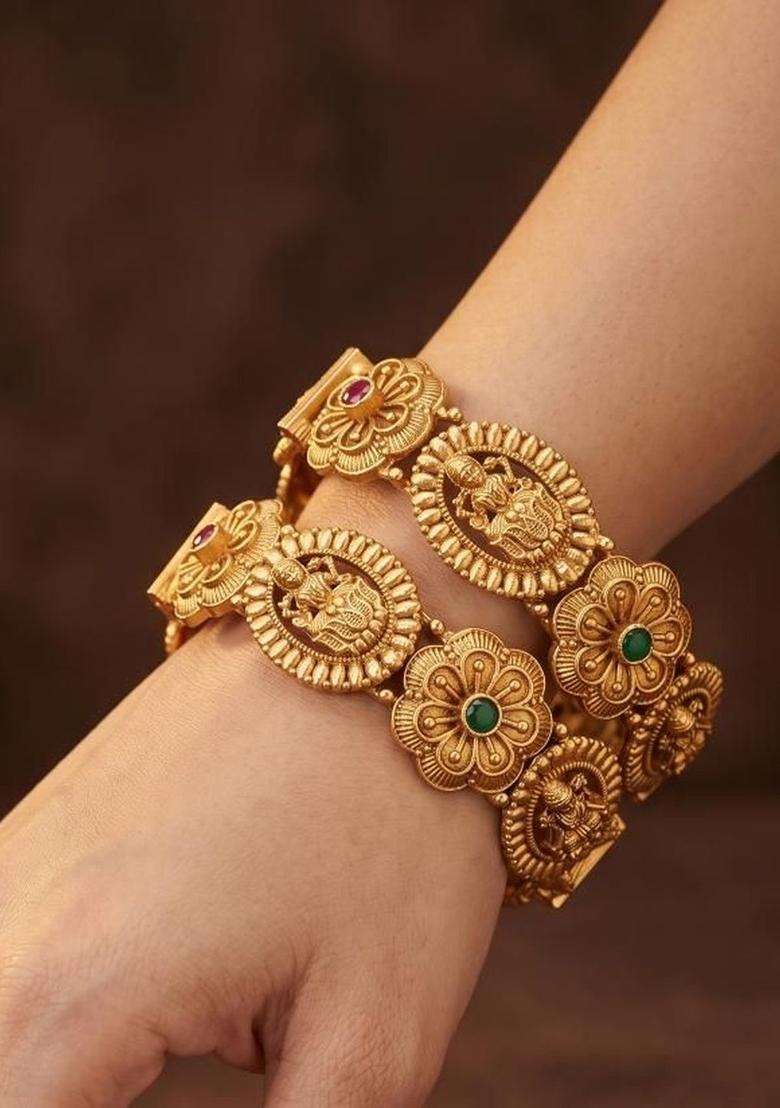 Set of 2 Gold-Plated Temple Stone Studded & Beaded Bangles for Women | Traditional Temple Jewellery for Wedding & Festive Wear | Gift for Her - Indya